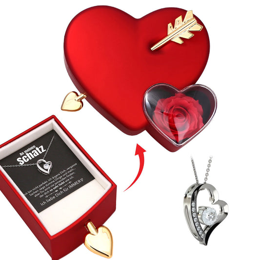 Amour Rosenbox - mit versteckter Herz Halskette & romantischer Notiz - An meinen Schatz