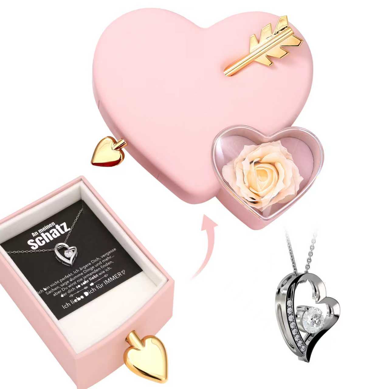 Amour Rosenbox - mit versteckter Herz Halskette & romantischer Notiz - An meinen Schatz