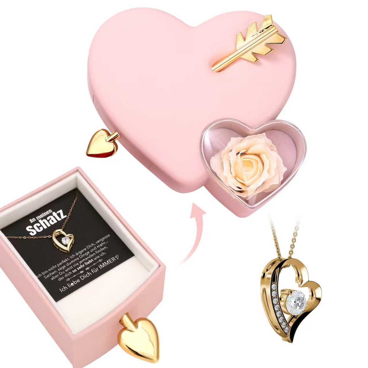 Amour Rosenbox - mit versteckter Herz Halskette & romantischer Notiz - An meinen Schatz