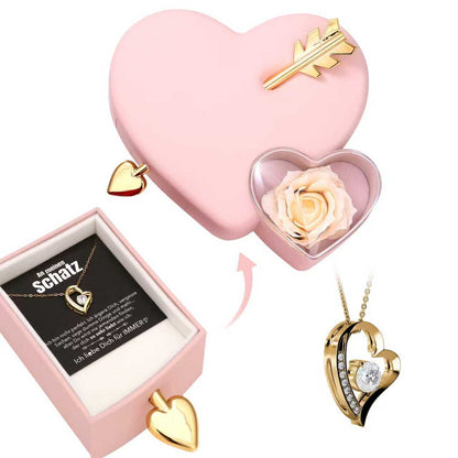 Amour Rosenbox - mit versteckter Herz Halskette & romantischer Notiz - An meinen Schatz