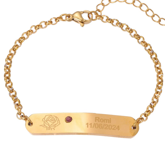 Personalisierbares graviertes ID-Armband mit Blume & Geburtsstein