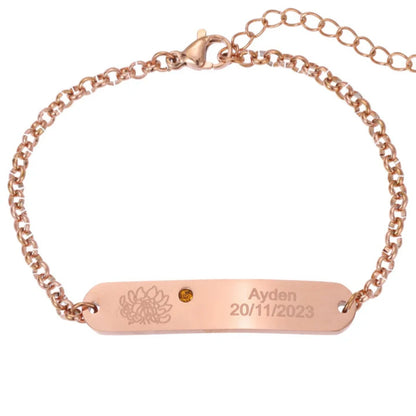 Personalisierbares graviertes ID-Armband mit Blume & Geburtsstein