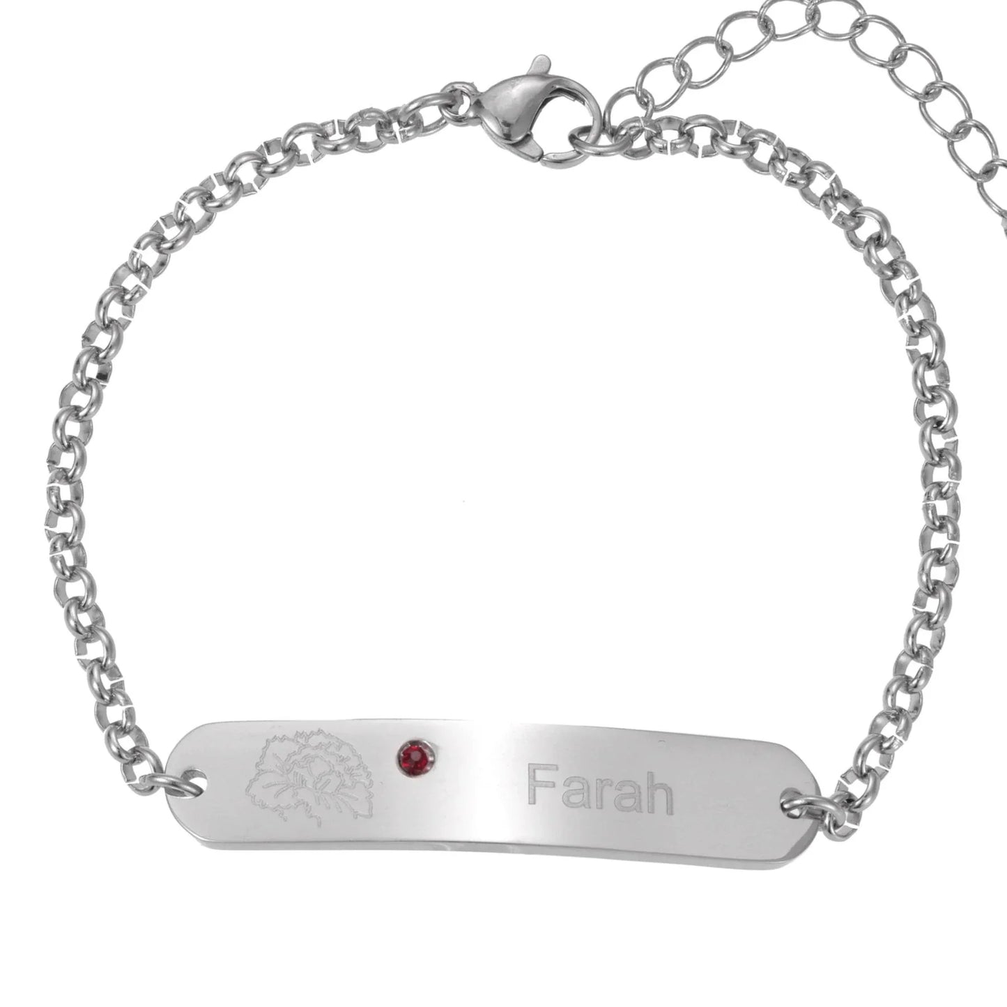 Personalisierbares graviertes ID-Armband mit Blume & Geburtsstein